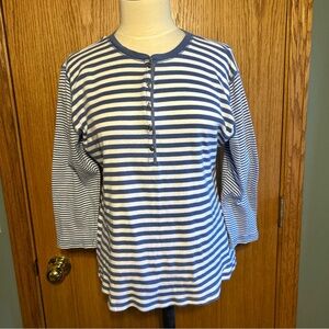 Chaps Striped Shirt Women's Large Henley Top  Shirt 3/4 Sleeve Blue White